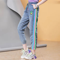 Elastic Waist Side Stripe Stitching Cartoon Print Women's Casual Cuffed Pants Harem Pants Trousers