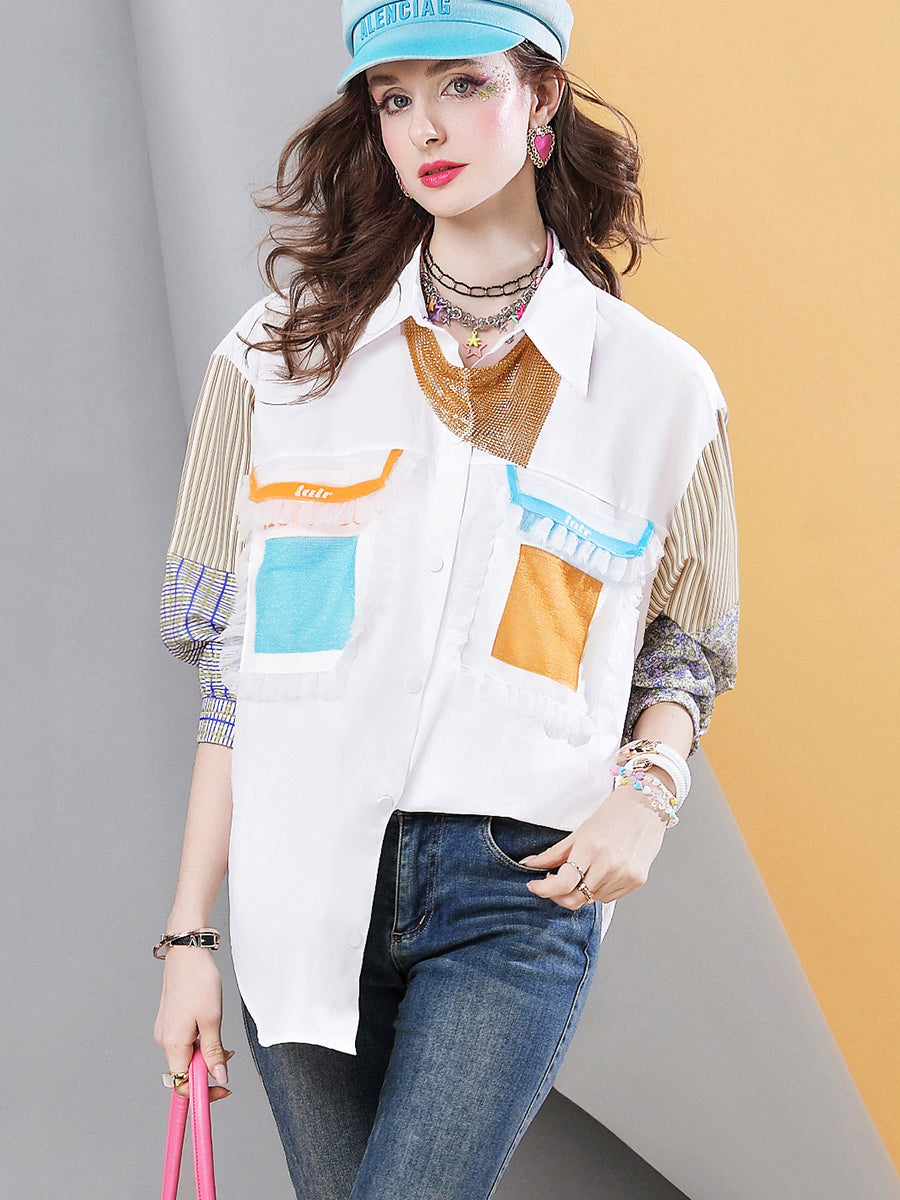 Lvvmeeu streetwear high quality medium and long vertical stripes stitching oversized white women's casual shirt