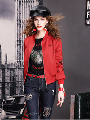 Lvvmeeu streetwear red vintage embroidered stand collar women's jacket