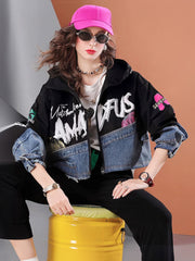 Lvvmeeu streetwear letter print short denim patchwork women's hooded jacket