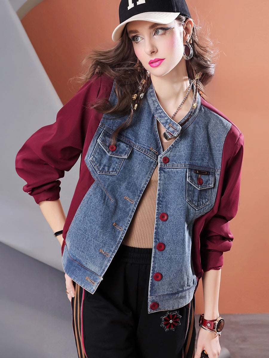 Lvvmeeu streetwear high quality denim patchwork short women's jacket cardigan top