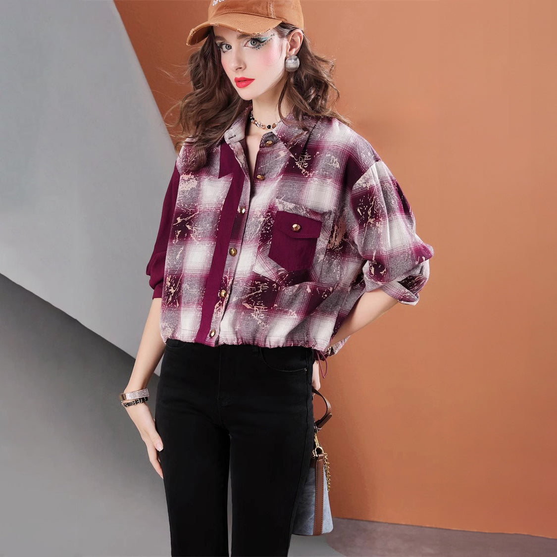 Lvvmeeu streetwear burgundy cropped single-breasted casual women's plaid shirt