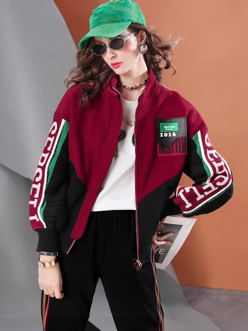 Lvvmeeu streetwear knitted patchwork loose women's casual jacket