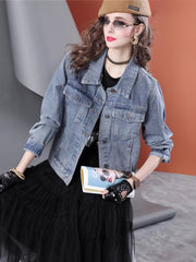 Lvvmeeu streetwear plant flower embroidery beading loose women's denim jacket