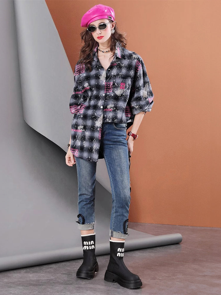 Lvvmeeu streetwear Midi Oversized Women's Casual Plaid Shirt