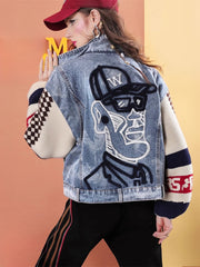 Lvvmeeu streetwear knitted stitching loose women's casual denim jacket