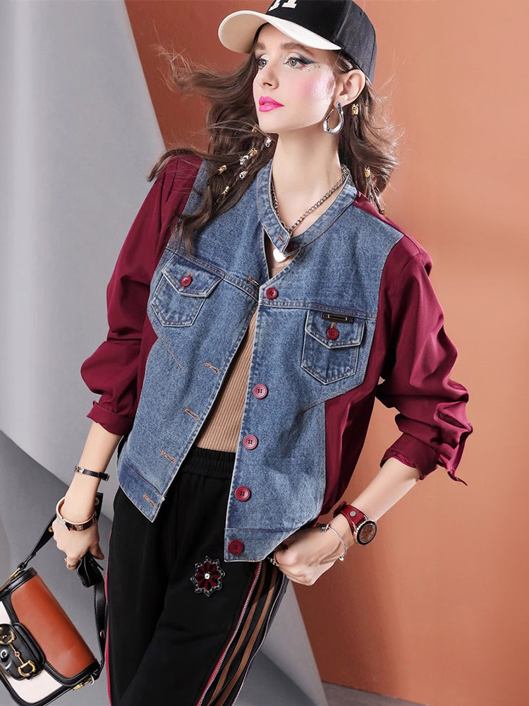 Lvvmeeu streetwear high quality denim patchwork short women's jacket cardigan top