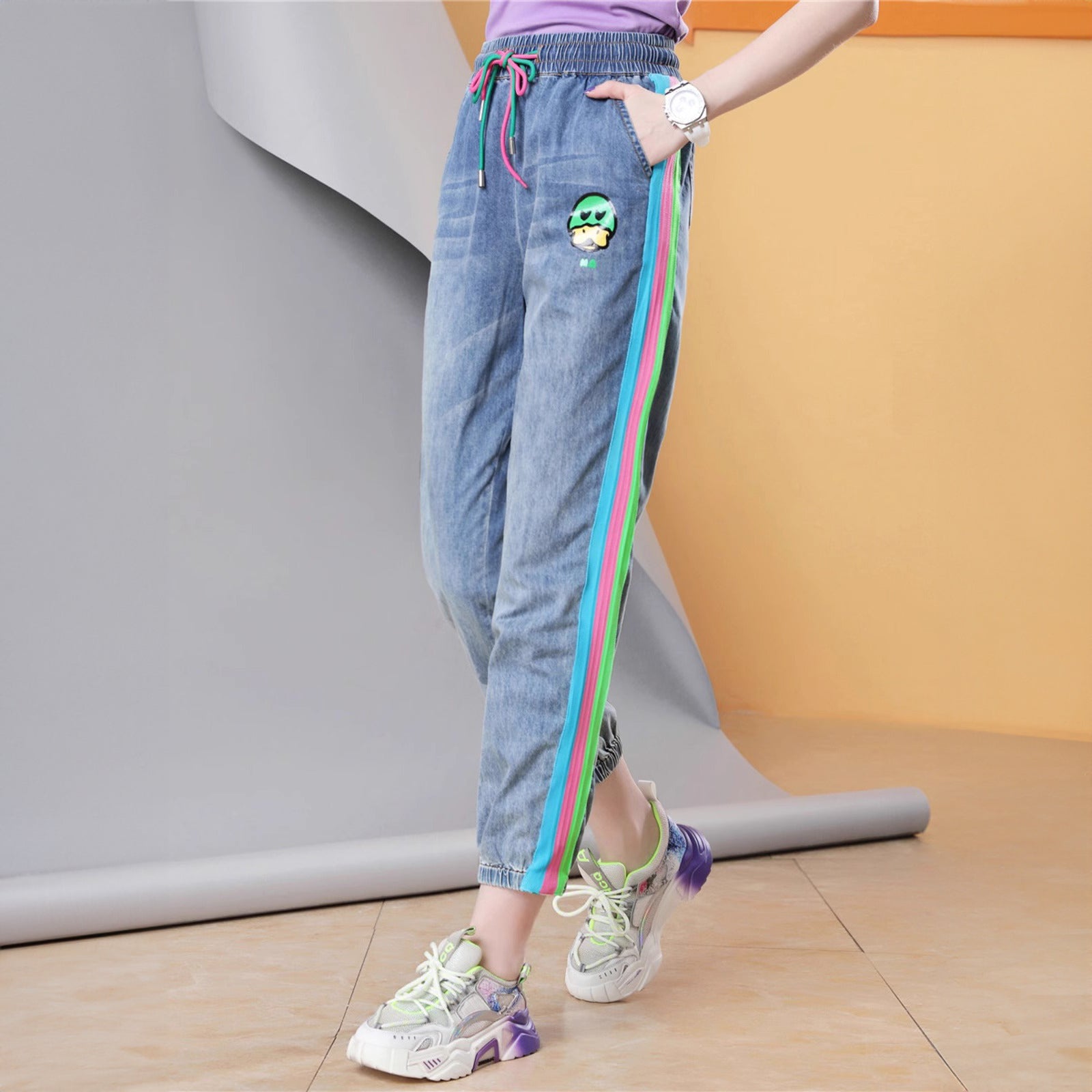 Elastic Waist Side Stripe Stitching Cartoon Print Women's Casual Cuffed Pants Harem Pants Trousers