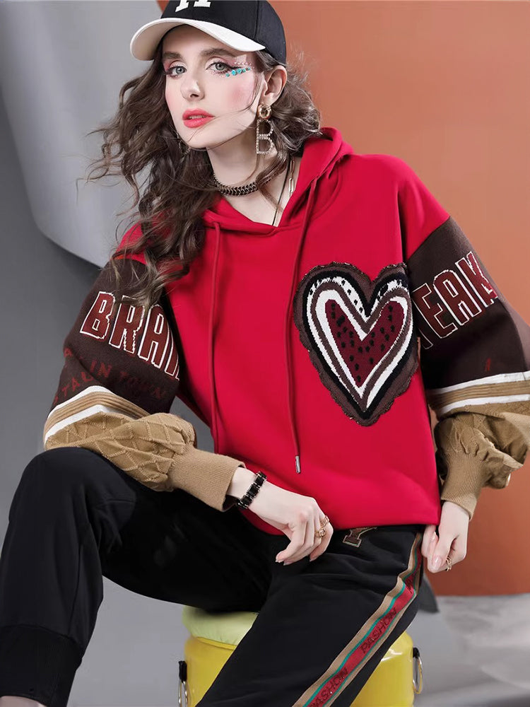 Lvvmeeu street style knitted patchwork thickened loose women's hoodie