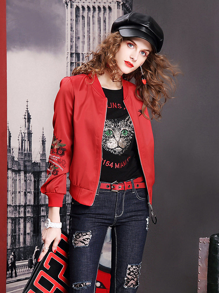 Lvvmeeu streetwear red vintage embroidered stand collar women's jacket