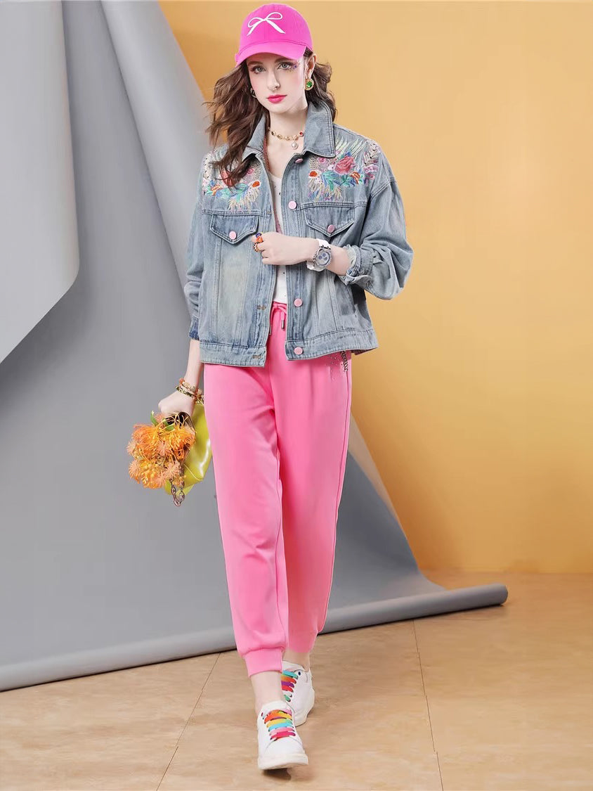 Lvvmeeu streetwear plant flower embroidery loose plus size women's denim jacket