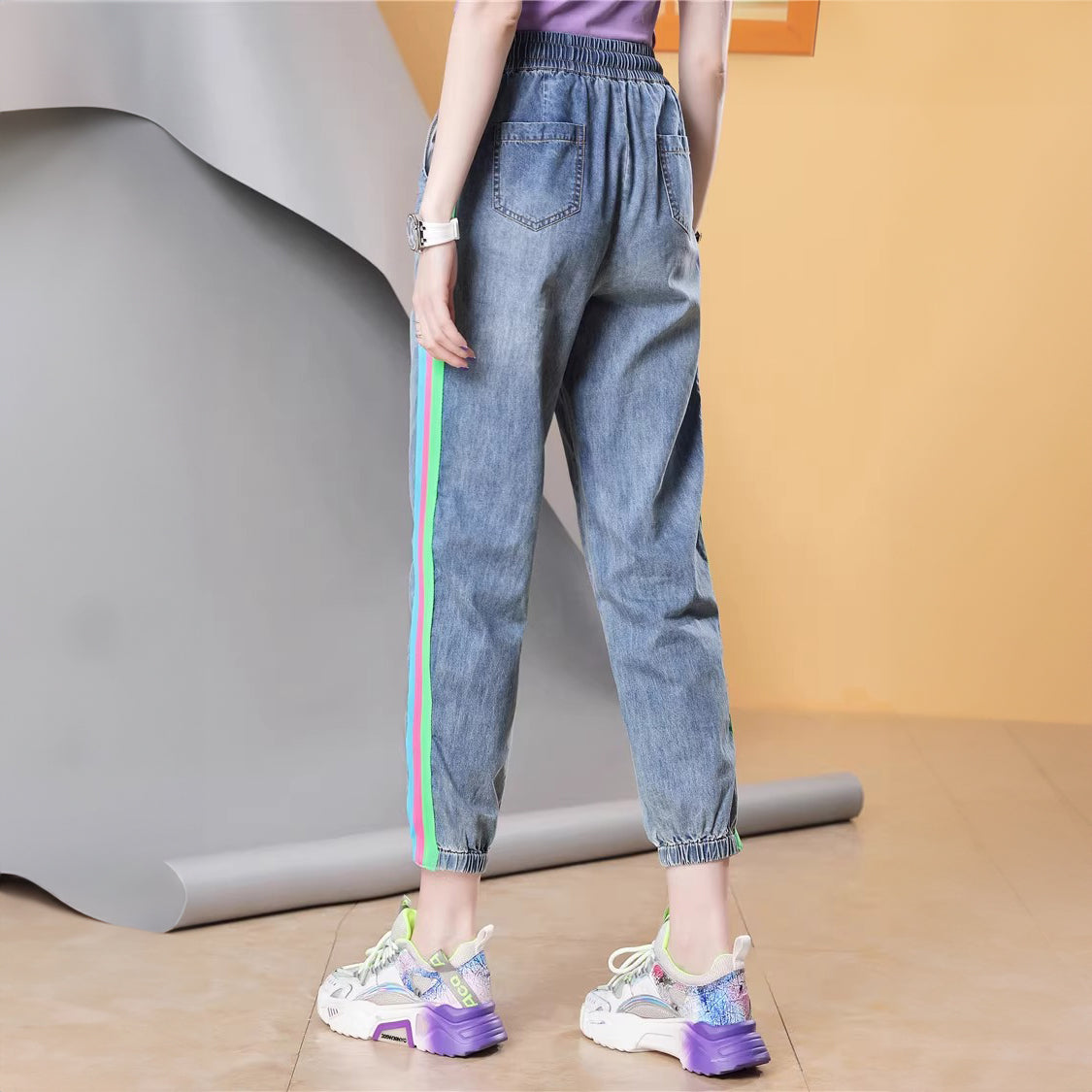 Elastic Waist Side Stripe Stitching Cartoon Print Women's Casual Cuffed Pants Harem Pants Trousers