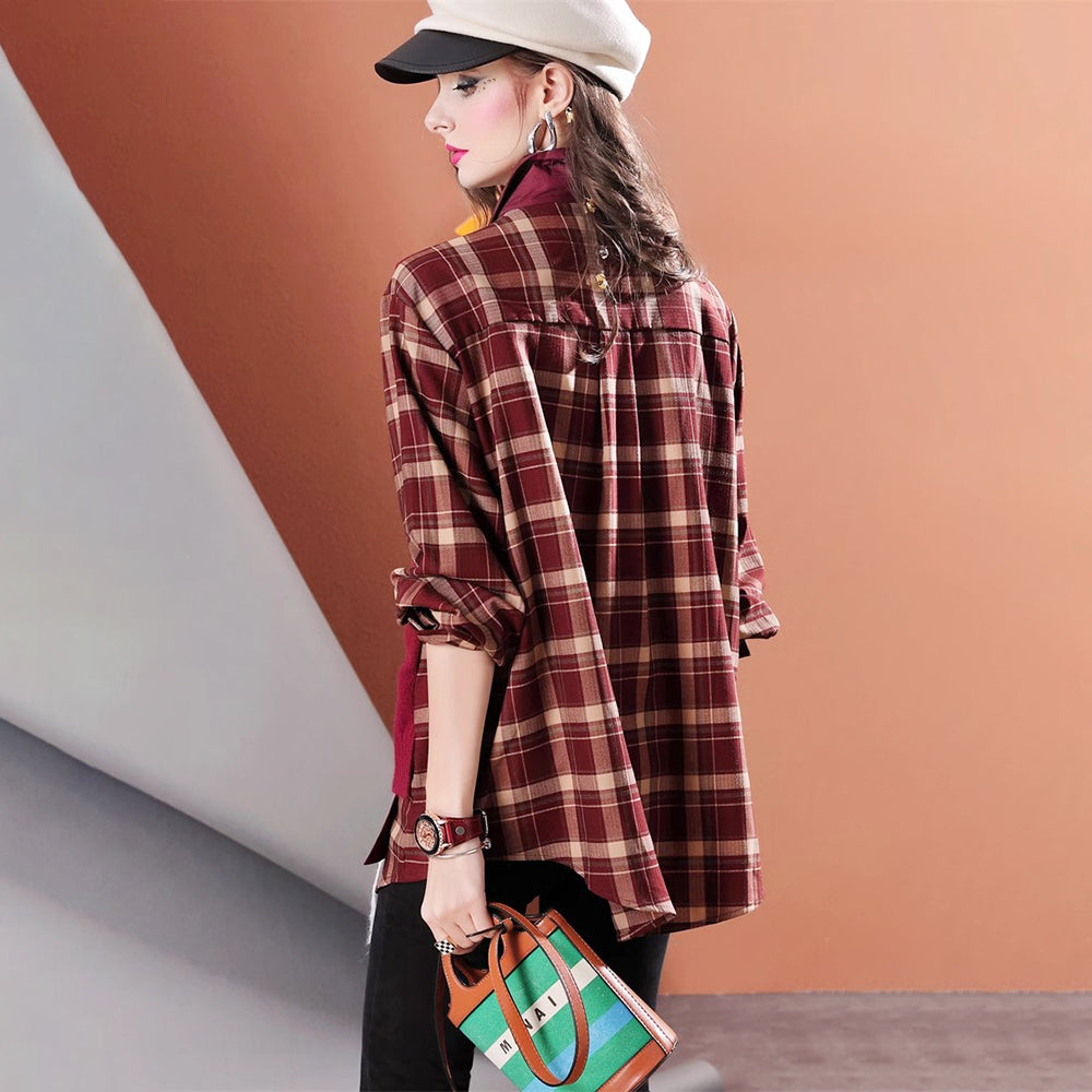 Lvvmeeu streetwear mid-length knitted patchwork fake two-piece loose women's casual plaid shirt