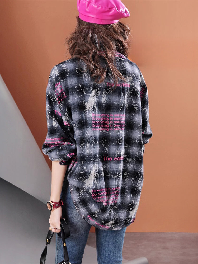 Lvvmeeu streetwear Midi Oversized Women's Casual Plaid Shirt