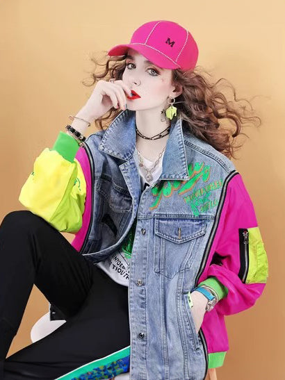 Lvvmeeu streetwear oversized contrast color stitching loose women's denim jacket