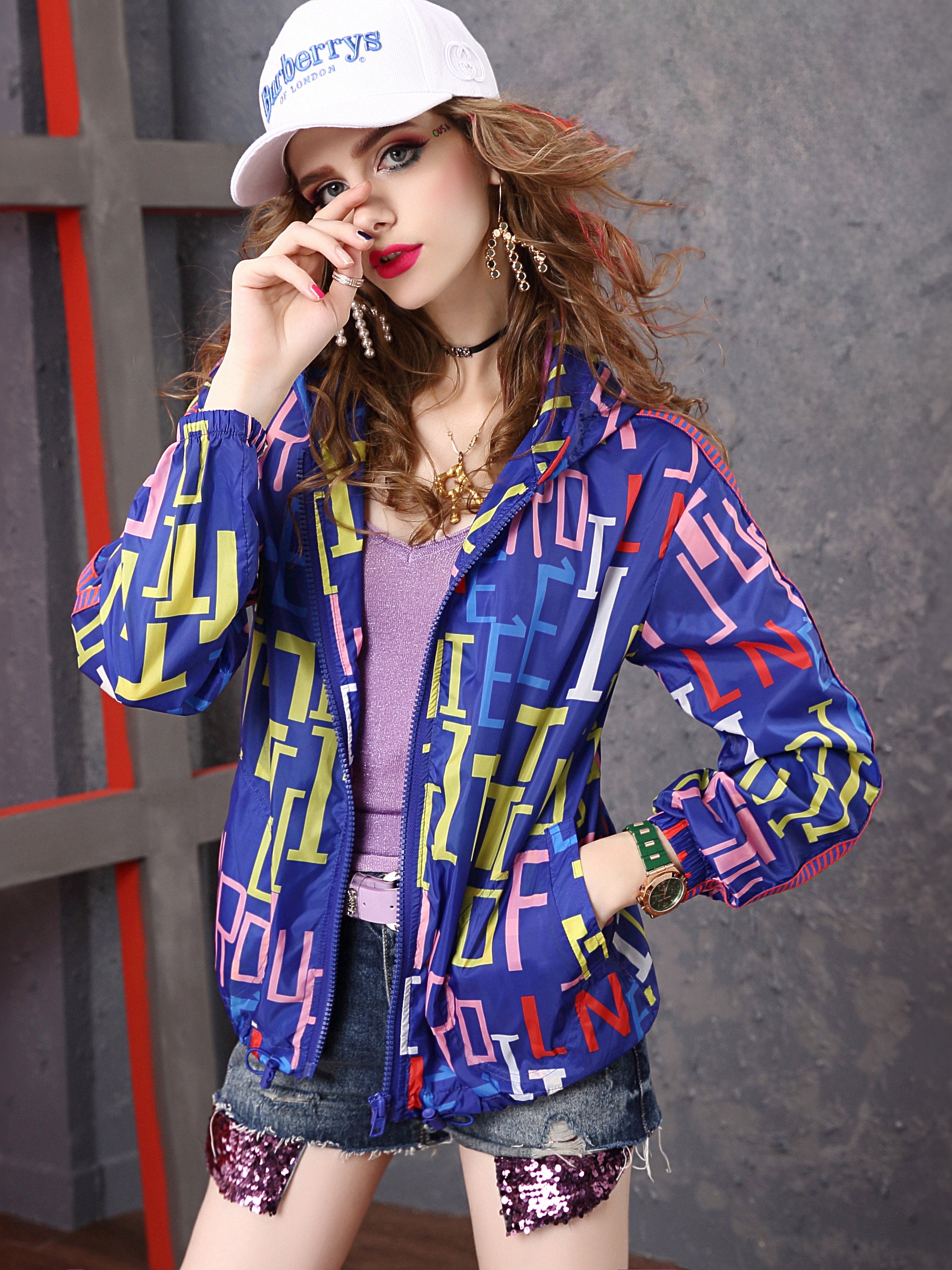 Lvvmeeu streetwear thin printed loose women's hooded windbreaker jacket