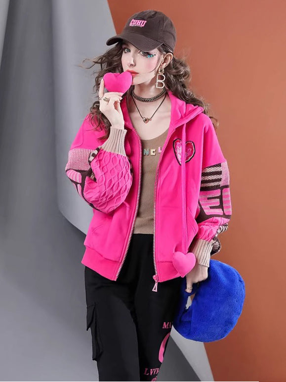 Lvvmeeu streetwear thickened knitted patchwork loose large size women's hooded jacket