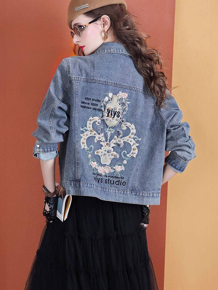 Lvvmeeu streetwear plant flower embroidery beading loose women's denim jacket