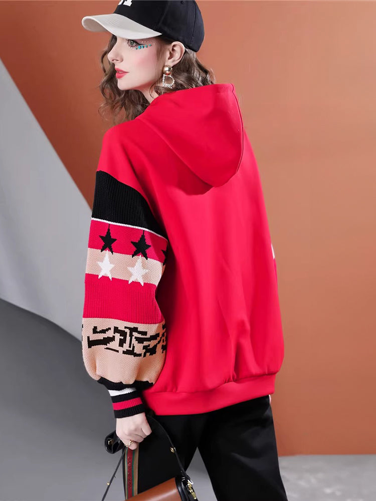 Lvvmeeu street style knitted patchwork loose lantern sleeve hooded color-blocked women's hoodie