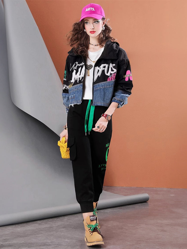 Lvvmeeu streetwear letter print short denim patchwork women's hooded jacket