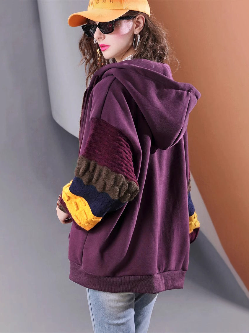 Winter plus velvet thickened knitted patchwork oversized loose hooded long-sleeved women's casual jacket