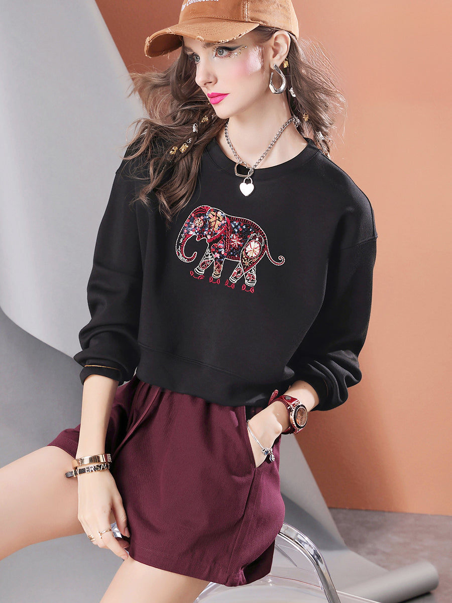 Lvvmeeu street style short cartoon elephant embroidery loose women's hoodie