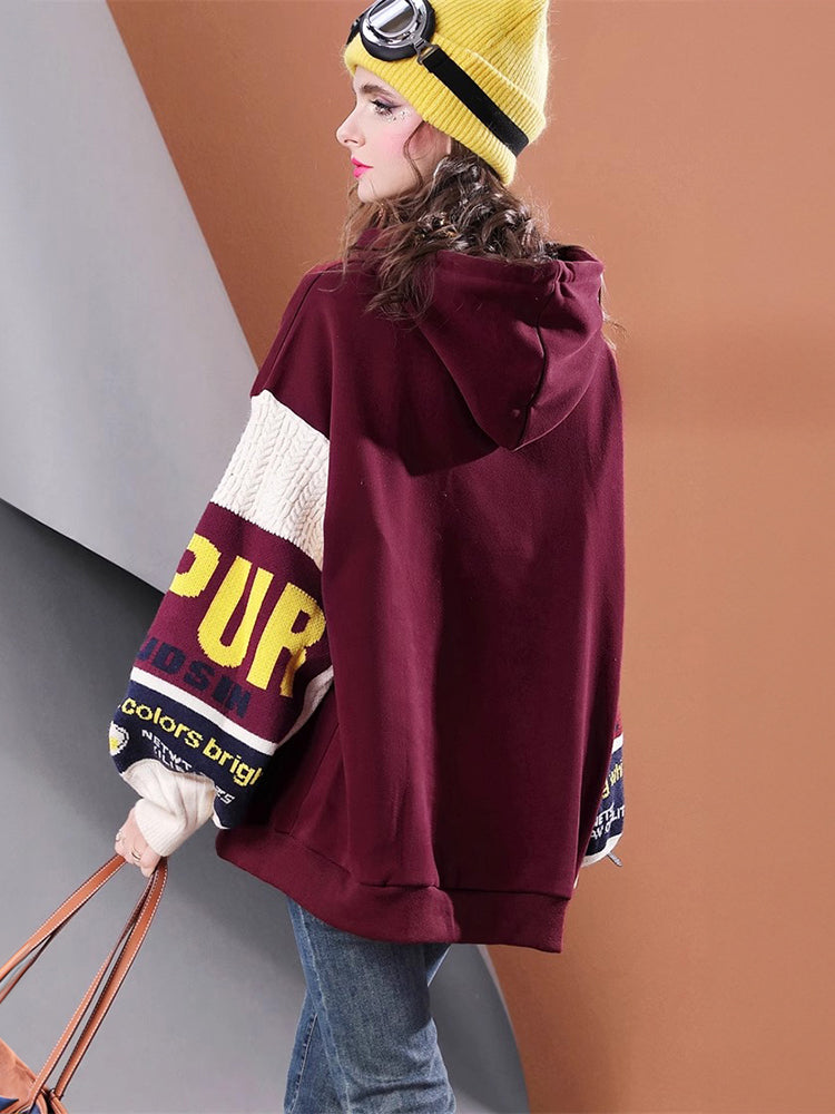 Winter mid-length plus velvet thickened knitted splicing oversized warm casual women's hoodie