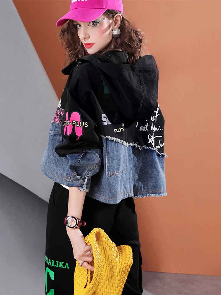 Lvvmeeu streetwear letter print short denim patchwork women's hooded jacket