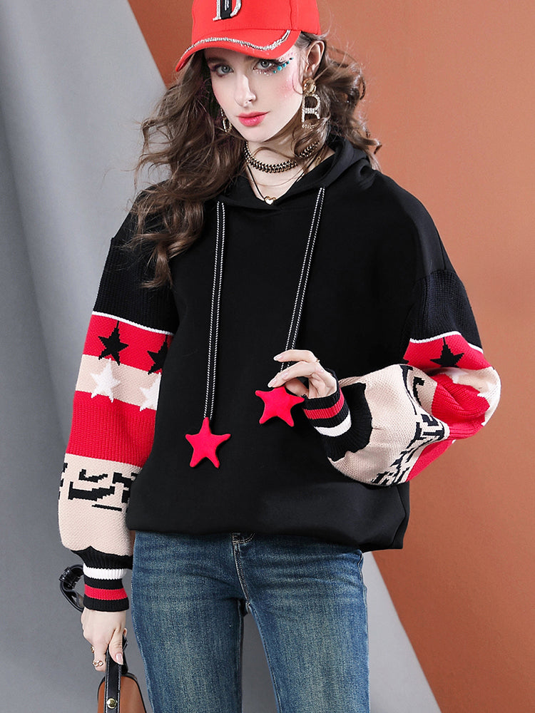 Lvvmeeu street style knitted patchwork loose lantern sleeve hooded color-blocked women's hoodie