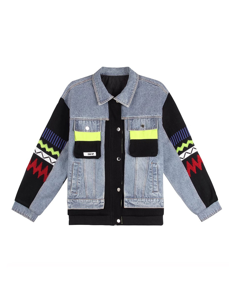 Lvvmeeu streetwear high quality knitted stitching thick warm women's casual denim jacket