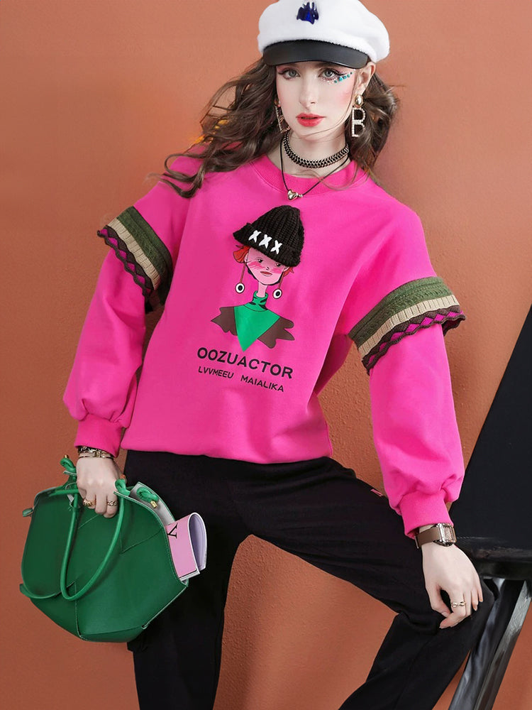 Lvvmeeu street style fashion cartoon girl print loose women's hoodie