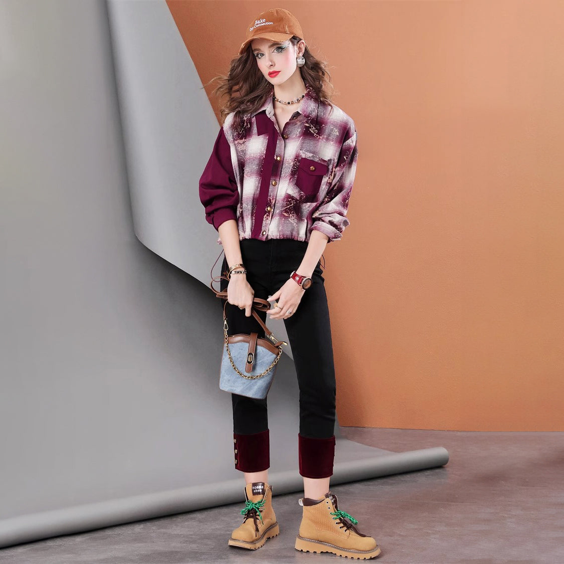 Lvvmeeu streetwear burgundy cropped single-breasted casual women's plaid shirt