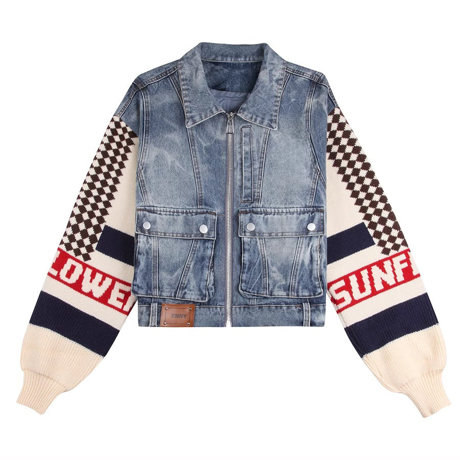 Lvvmeeu streetwear knitted stitching loose women's casual denim jacket