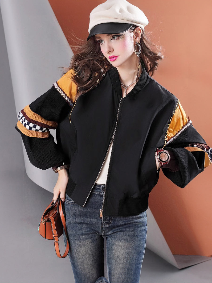 Lvvmeeu streetwear knitted stitching loose short lantern sleeve women's casual jacket