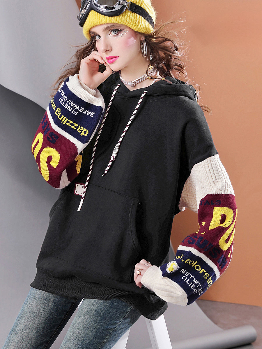 Winter mid-length plus velvet thickened knitted splicing oversized warm casual women's hoodie