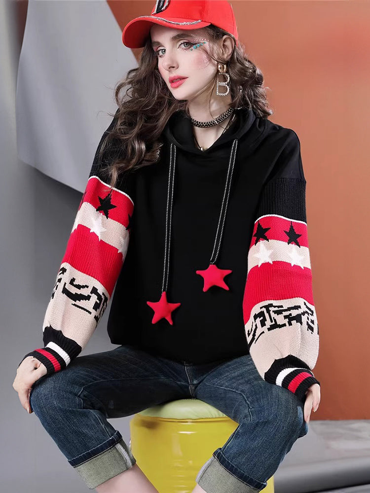 Lvvmeeu street style knitted patchwork loose lantern sleeve hooded color-blocked women's hoodie