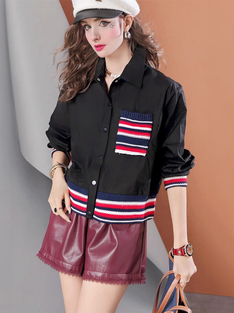 Lvvmeeu street style knitted stitching solid color short women's casual shirt