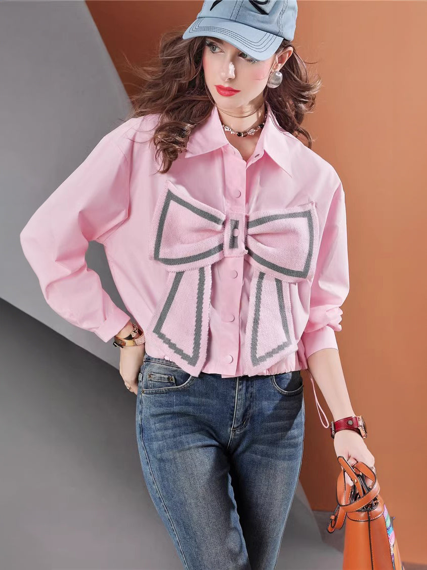 Lvvmeeu streetwear short loose bow long sleeve women's casual shirt