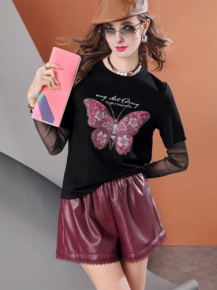 Lvvmeeu streetwear fake two-piece butterfly diamond women's long-sleeved T-shirt