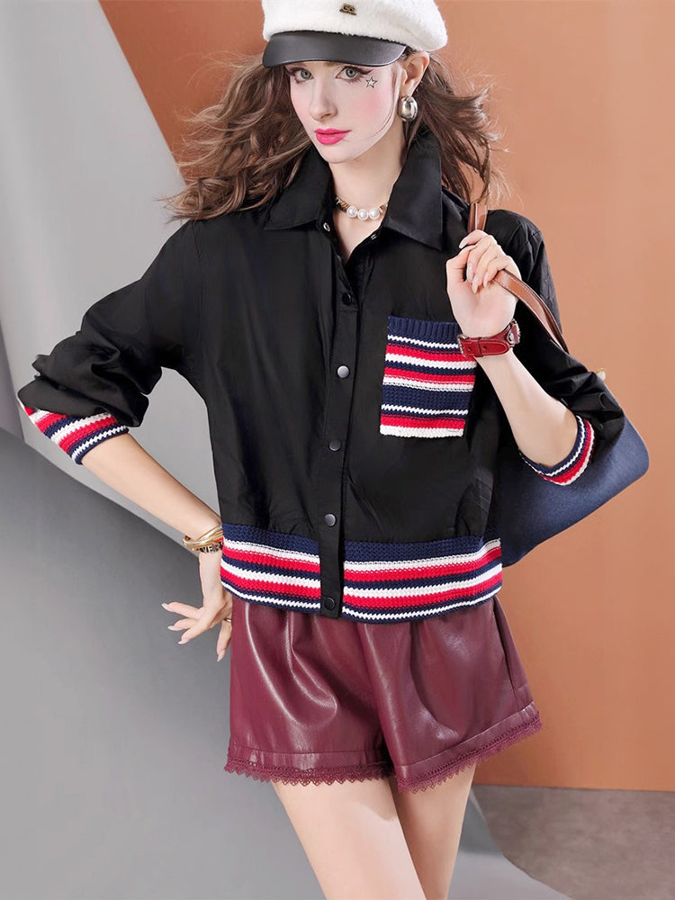 Lvvmeeu street style knitted stitching solid color short women's casual shirt