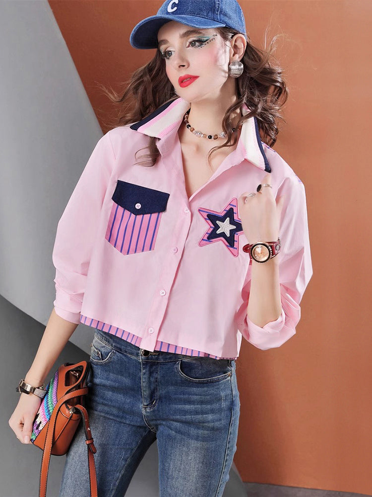 Lvvmeeu streetwear short plaid patchwork loose women's casual shirt